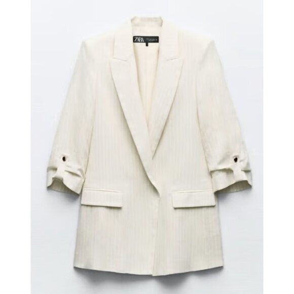 ZARA Linen Blend Neutral Oatmeal Stripe Roll Tab Sleeve Blazer Preppy - Size M - Picture 1 of 12